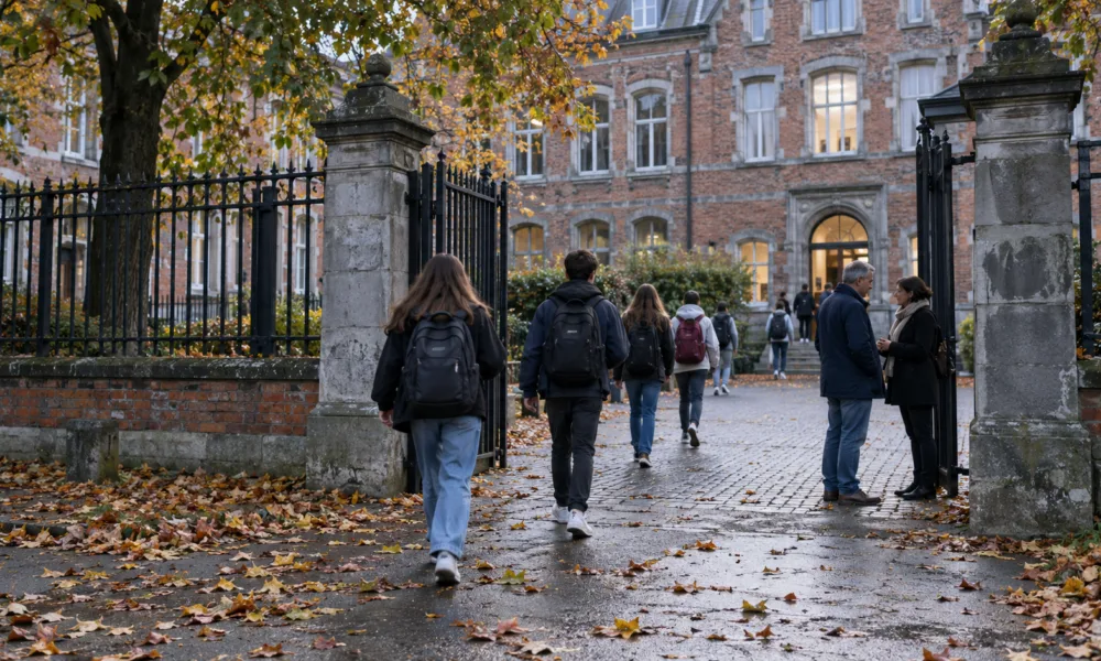 Uczniowie z plecakami wchodzą przez bramę szkoły średniej z cegły w jesienny poranek, widziani z tyłu