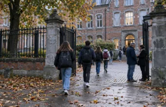 Uczniowie z plecakami wchodzą przez bramę szkoły średniej z cegły w jesienny poranek, widziani z tyłu