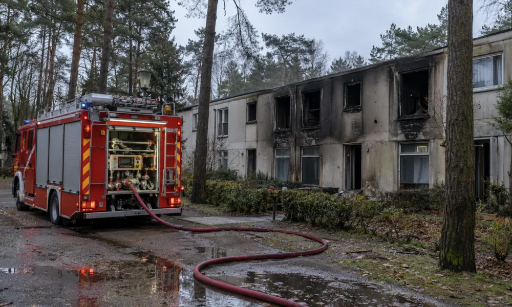 Wóz strażacki przed osmalonym blokiem mieszkalnym ośrodka wśród sosen, wąż strażacki na mokrej ziemi