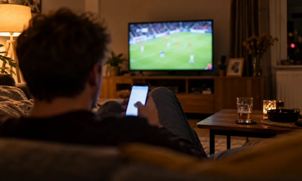 Mężczyzna widziany od tyłu trzyma smartfon na kanapie wieczorem, w tle telewizor z meczem piłki nożnej