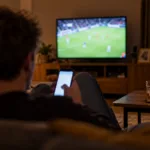Mężczyzna widziany od tyłu trzyma smartfon na kanapie wieczorem, w tle telewizor z meczem piłki nożnej