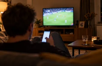 Mężczyzna widziany od tyłu trzyma smartfon na kanapie wieczorem, w tle telewizor z meczem piłki nożnej