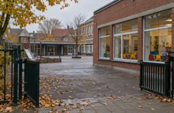 Pusty plac zabaw i wejście do szkoły podstawowej z przedszkolem w Antwerpii