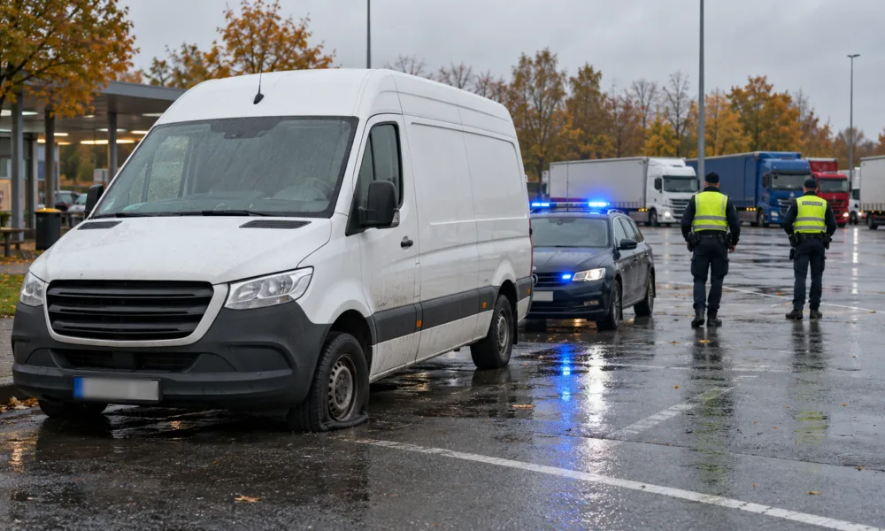 Zatrzymana furgonetka z przebitą oponą i radiowóz na parkingu przy autostradzie - wizualizacja SI