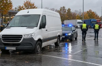 Zatrzymana furgonetka z przebitą oponą i radiowóz na parkingu przy autostradzie - wizualizacja SI
