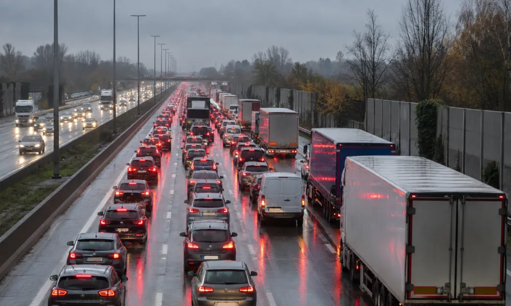 Korek samochodów i ciężarówek na autostradzie we Flandrii w deszczowy jesienny poranek