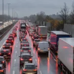 Korek samochodów i ciężarówek na autostradzie we Flandrii w deszczowy jesienny poranek
