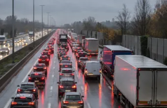 Korek samochodów i ciężarówek na autostradzie we Flandrii w deszczowy jesienny poranek