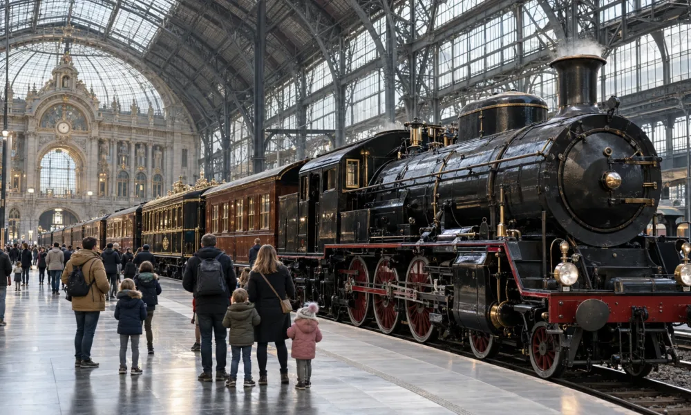 Zabytkowy parowóz i wagony na peronie dworca Antwerpen-Centraal, zwiedzający od tyłu