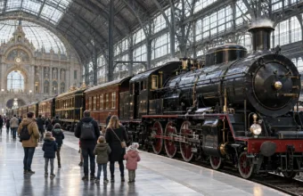 Zabytkowy parowóz i wagony na peronie dworca Antwerpen-Centraal, zwiedzający od tyłu