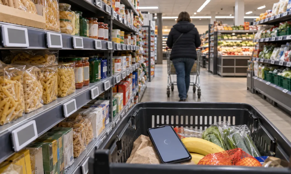 Alejka supermarketu z elektronicznymi etykietami cenowymi i smartfonem w koszyku