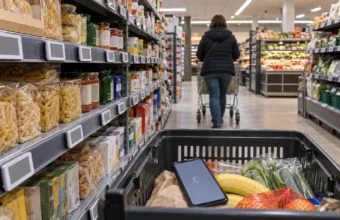 Alejka supermarketu z elektronicznymi etykietami cenowymi i smartfonem w koszyku