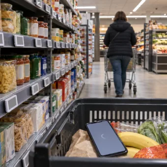 Alejka supermarketu z elektronicznymi etykietami cenowymi i smartfonem w koszyku