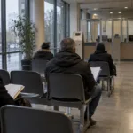Poczekalnia ośrodka pomocy społecznej z osobami czekającymi z dokumentami