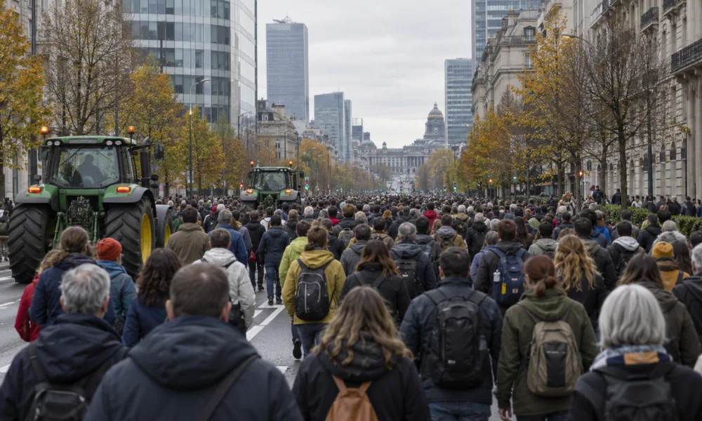 Uczestnicy marszu dla klimatu i traktory na bulwarze w Brukseli - wizualizacja SI