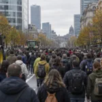 Uczestnicy marszu dla klimatu i traktory na bulwarze w Brukseli - wizualizacja SI