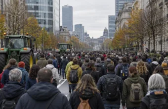 Uczestnicy marszu dla klimatu i traktory na bulwarze w Brukseli - wizualizacja SI