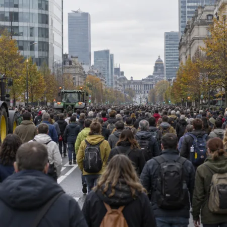 Uczestnicy marszu dla klimatu i traktory na bulwarze w Brukseli - wizualizacja SI