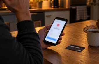 Osoba przy kuchennym stole trzyma smartfon z ekranem zatwierdzania płatności, obok karta płatnicza i kubek kawy