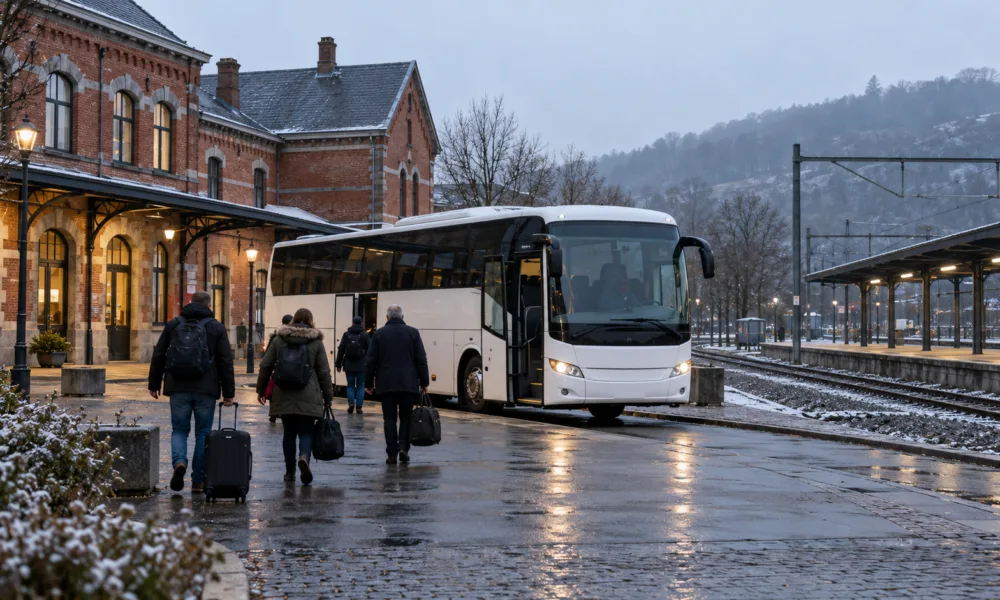 Autobus zastępczy przed dworcem kolejowym w Walonii - wizualizacja SI