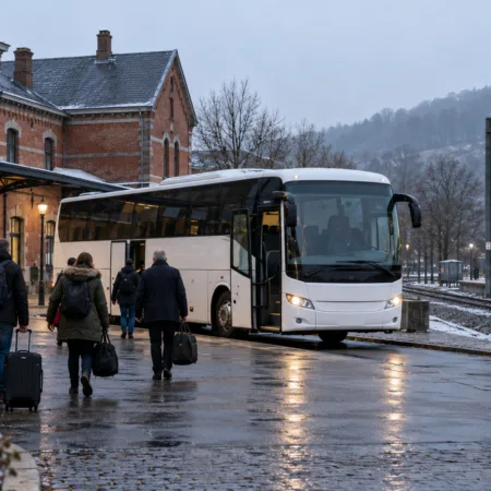 Autobus zastępczy przed dworcem kolejowym w Walonii - wizualizacja SI