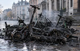 Spalone hulajnogi i rowery na brukowanej ulicy w Brukseli - wizualizacja SI