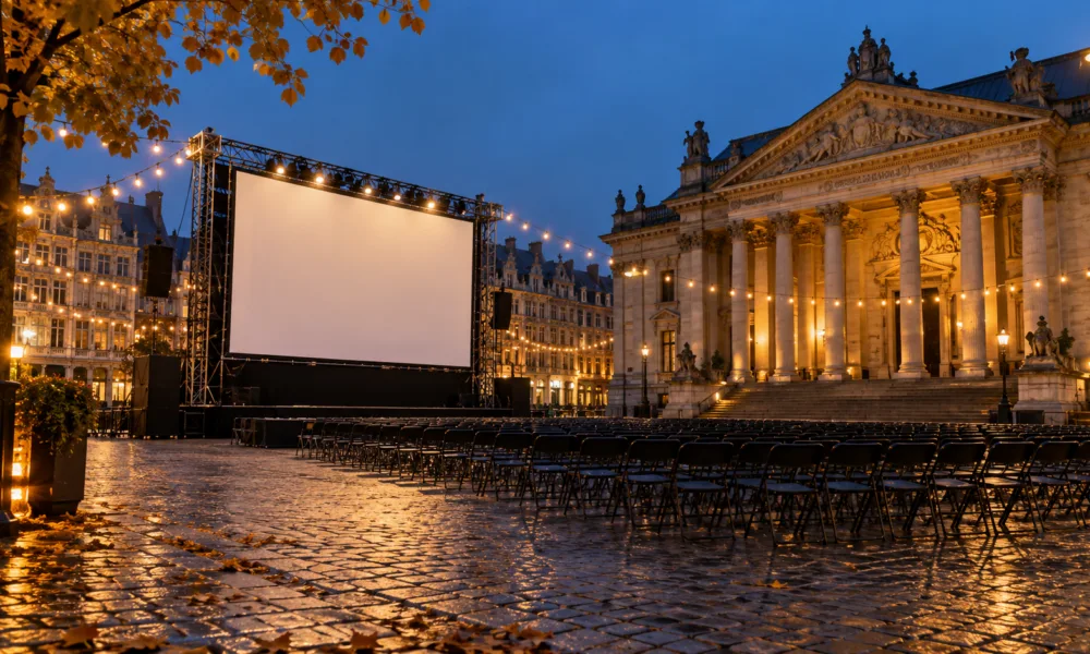 Plac przygotowany do bezpłatnego seansu filmowego pod gołym niebem - wizualizacja SI