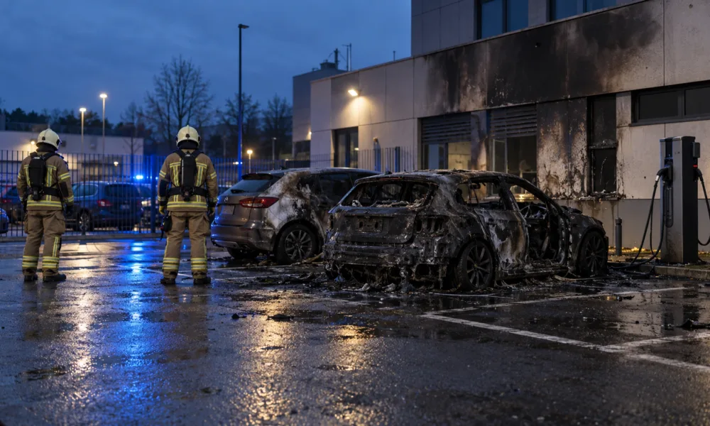 Spalony elektryczny samochód przy ładowarce na parkingu komisariatu - wizualizacja SI