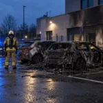 Spalony elektryczny samochód przy ładowarce na parkingu komisariatu - wizualizacja SI