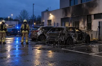 Spalony elektryczny samochód przy ładowarce na parkingu komisariatu - wizualizacja SI