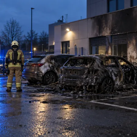 Spalony elektryczny samochód przy ładowarce na parkingu komisariatu - wizualizacja SI