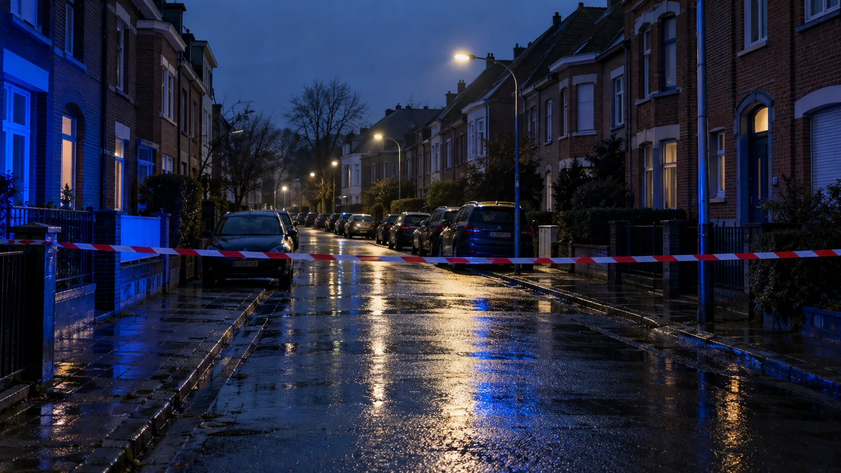 Pusta ulica osiedla w Brukseli przed świtem, taśma odgradzająca na mokrej jezdni i odblaski niebieskich świateł