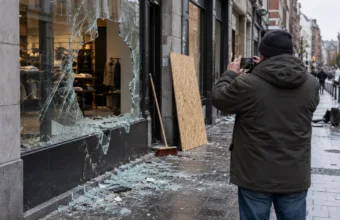 Sprzedawca fotografuje rozbitą witrynę sklepu po zamieszkach