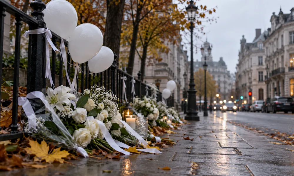 Białe kwiaty, wstążki i balony przy barierce na ulicy w Brukseli - wizualizacja
