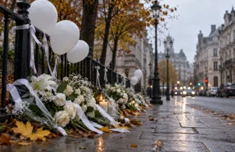 Białe kwiaty, wstążki i balony przy barierce na ulicy w Brukseli - wizualizacja