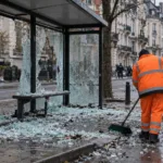 Pracownik służb oczyszczania sprząta szkło z rozbitej wiaty przystankowej w Brukseli