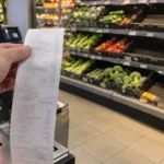 Dłoń trzymająca długi paragon przy kasie samoobsługowej, w tle półki z warzywami i puste skrzynki