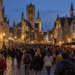 Wieczorny marsz ulicami historycznego centrum Gandawy