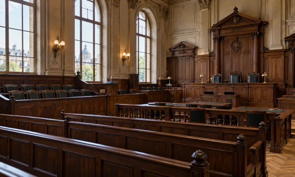 Pusta sala sądu przysięgłych z drewnianymi ławami