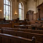 Pusta sala sądu przysięgłych z drewnianymi ławami