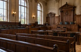 Pusta sala sądu przysięgłych z drewnianymi ławami