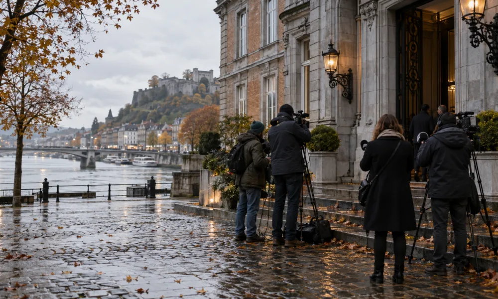 Dziennikarze czekają przed gmachem rządu Walonii nad Mozą w Namur