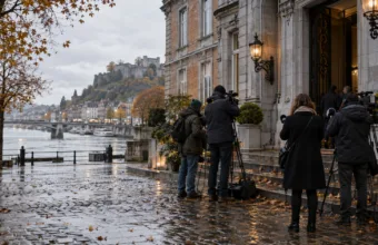 Dziennikarze czekają przed gmachem rządu Walonii nad Mozą w Namur