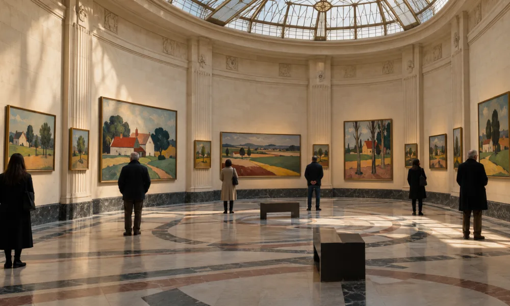 Sala wystawowa w stylu art déco z obrazami belgijskich pejzaży i zwiedzającymi widzianymi z tyłu