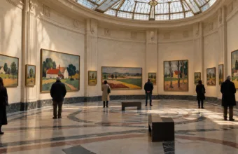 Sala wystawowa w stylu art déco z obrazami belgijskich pejzaży i zwiedzającymi widzianymi z tyłu