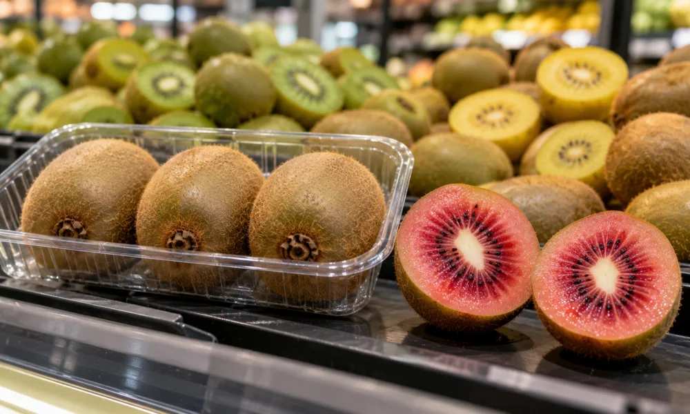 Tacka z kiwi i przekrojone czerwone kiwi na półce supermarketu - wizualizacja