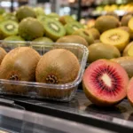 Tacka z kiwi i przekrojone czerwone kiwi na półce supermarketu - wizualizacja