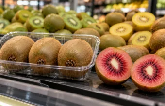 Tacka z kiwi i przekrojone czerwone kiwi na półce supermarketu - wizualizacja