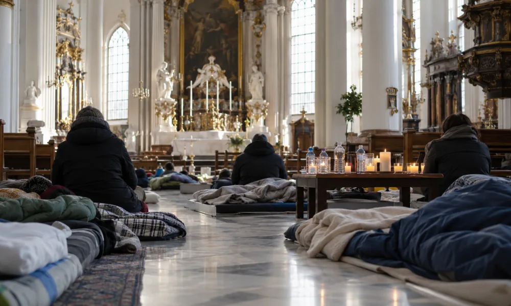 Materace i koce we wnętrzu barokowego kościoła w Brukseli - wizualizacja