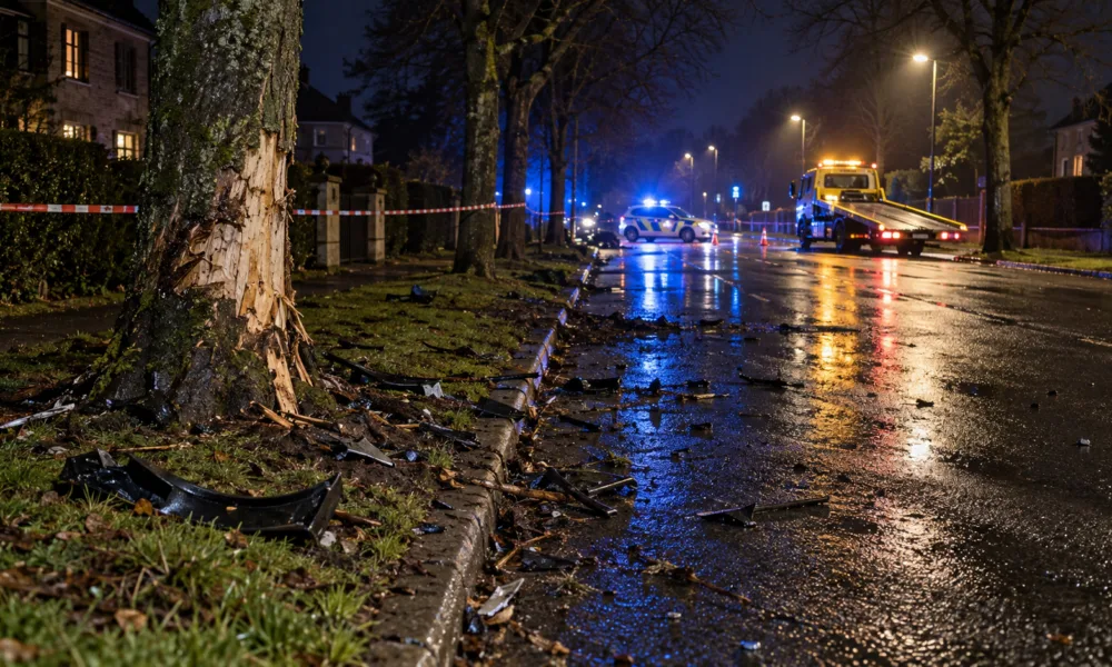 Uszkodzone drzewo i radiowóz na mokrej ulicy po nocnym wypadku pod Brugią